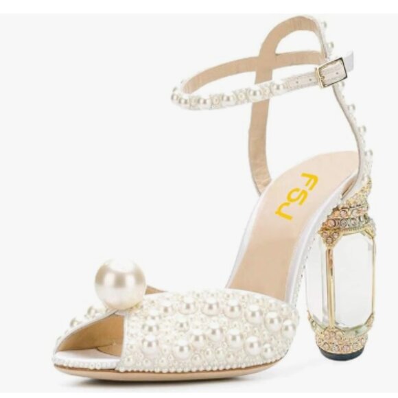 FSJ White Pearl Open Toe Stylish Sandal Ankle Strap Crystal High Wedding Shoes - Picture 1 of 8